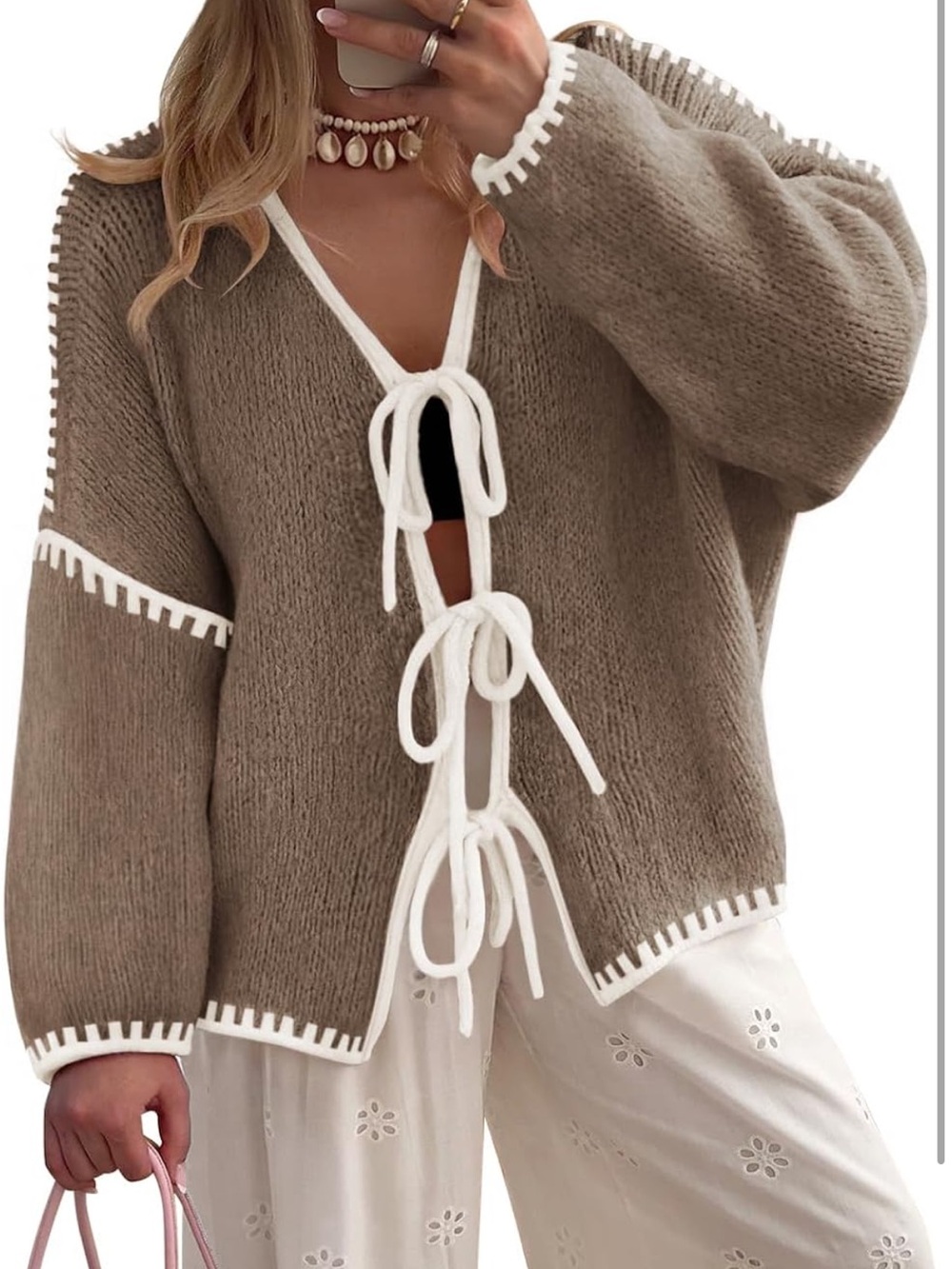 Taupe Tie-Front Sweater Cardigan with White Trim